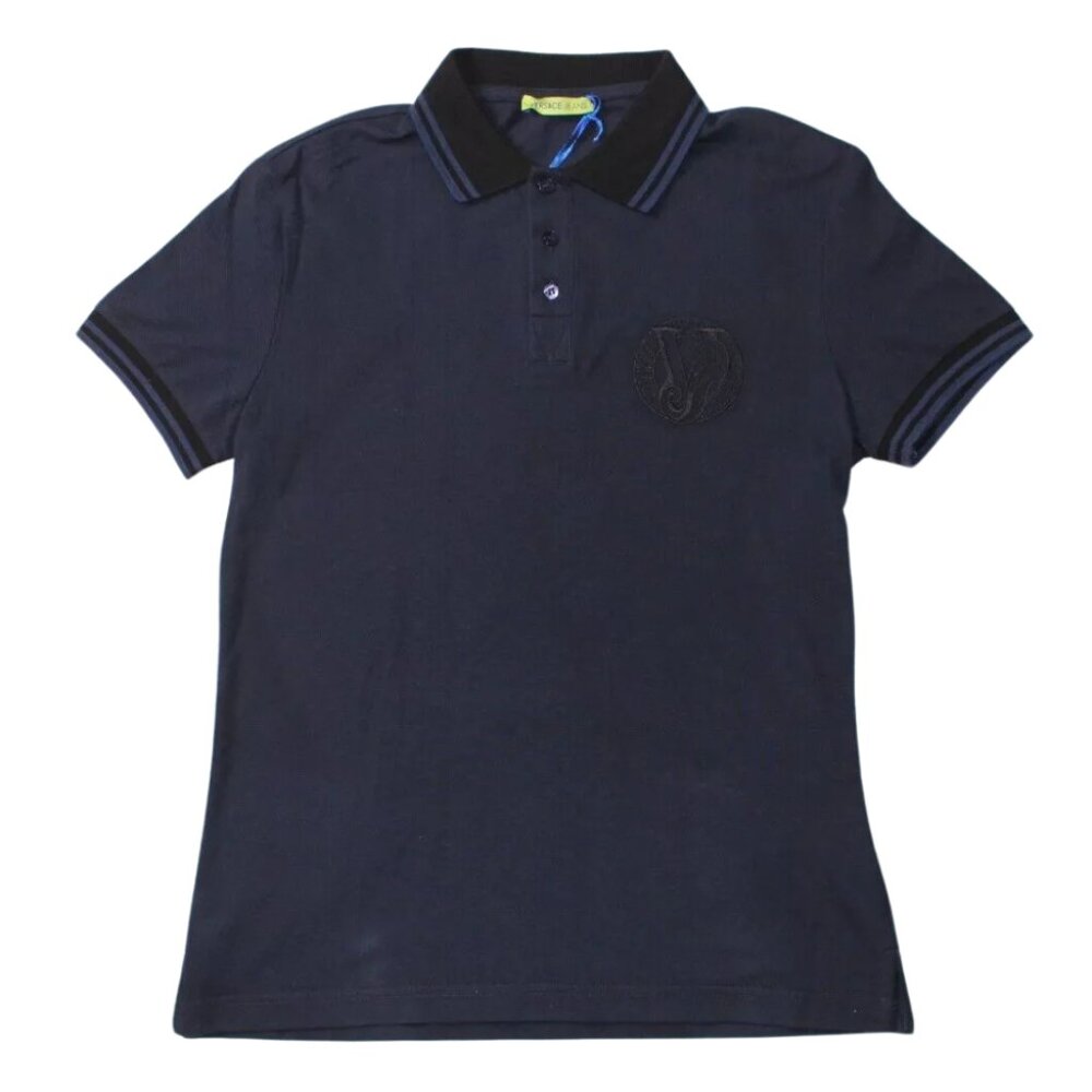 NWT VERSACE JEANS MENS POLO SHIRT NAVY BLACK EMBROIDERED CIRCLE LOGO IT 48 US Sm
